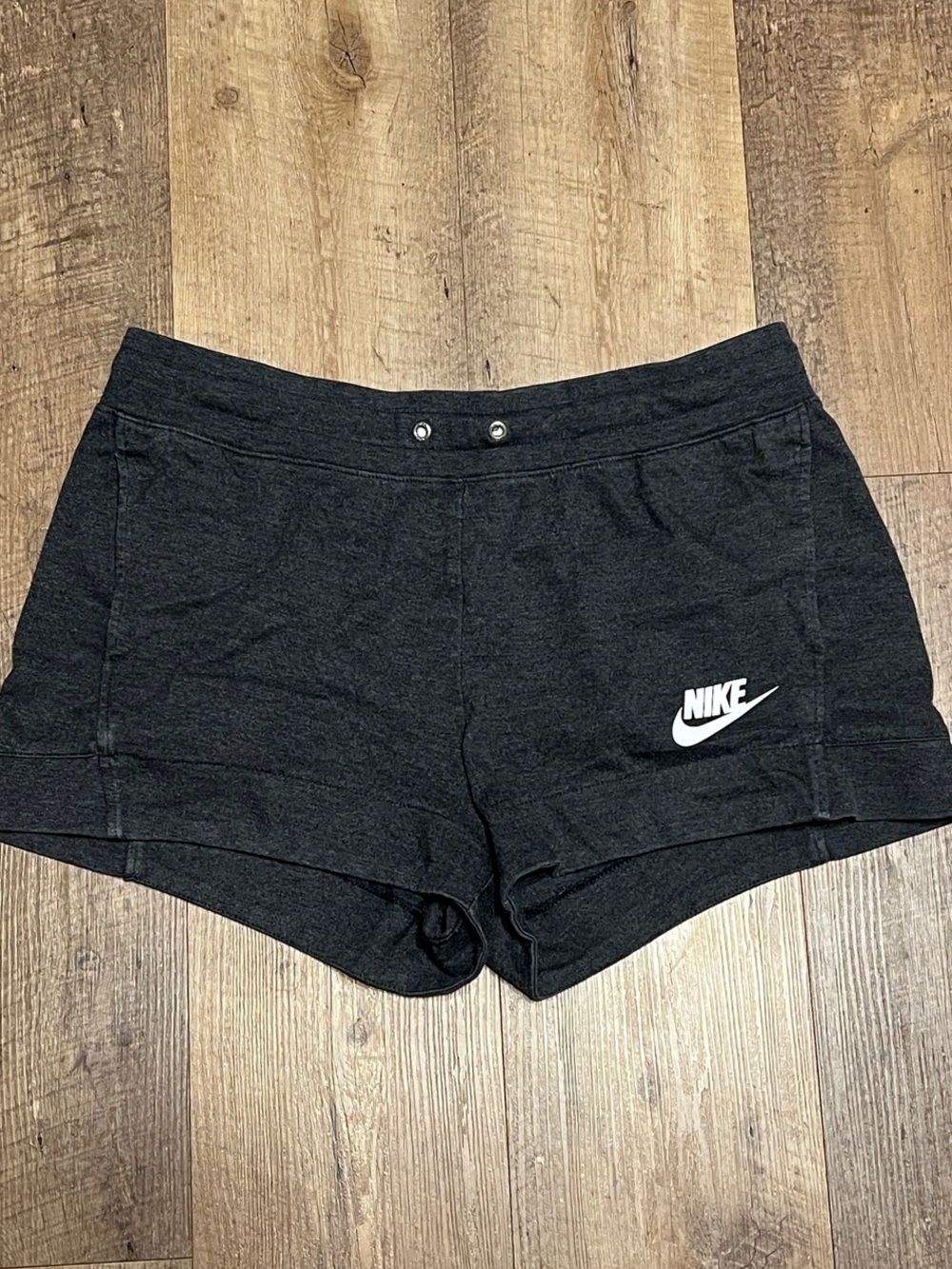 Nike Women's Dark Charcoal Athletic Shorts with White Swoosh, Size L 🏃‍♀️